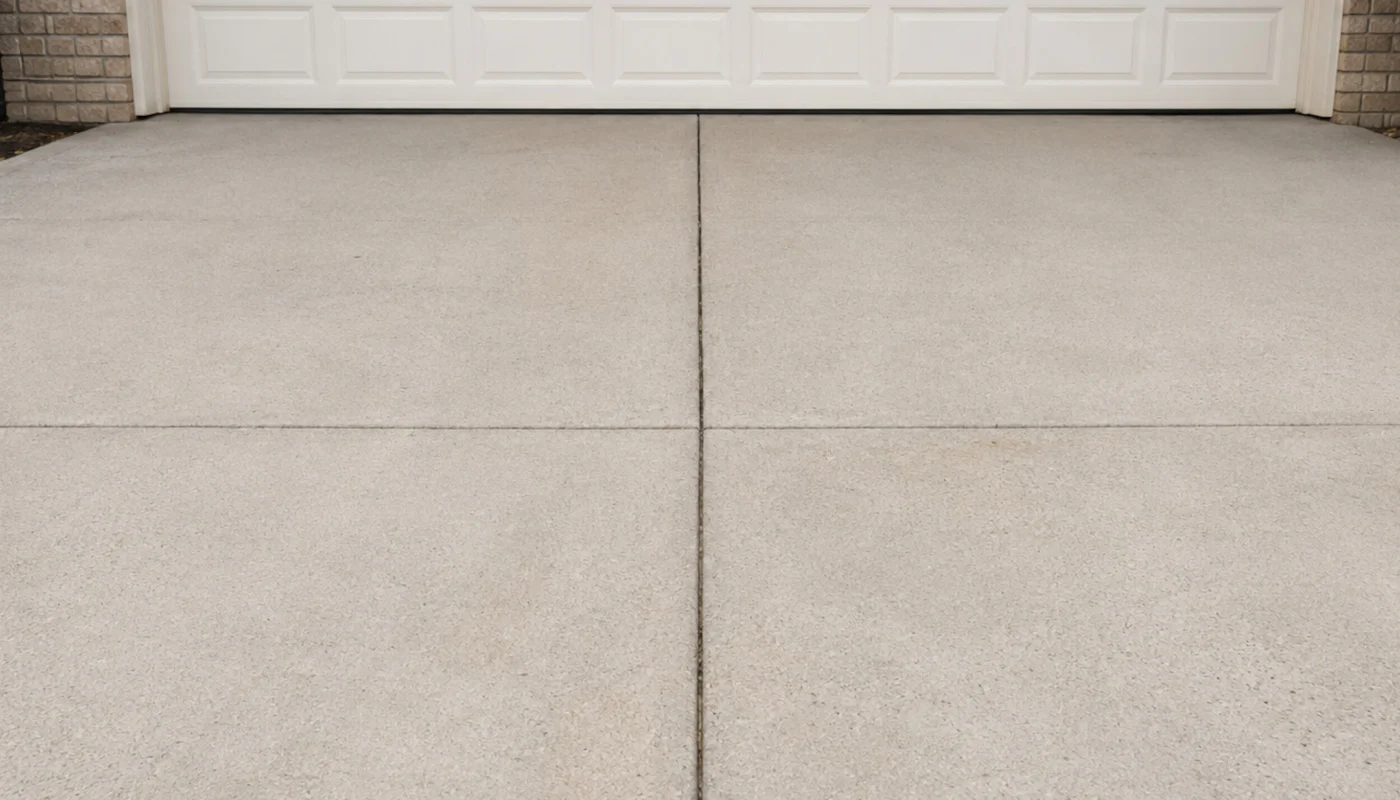 A concrete driveway running up to a white garage door